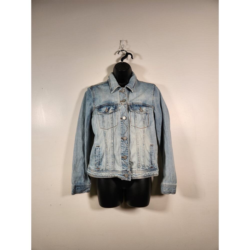 AEROPOSTALE Retro Denim Jean Trucker Jacket‎ Womens M Blue Embroidered Peacock